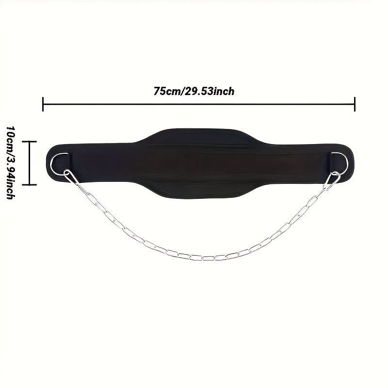 Black weighted dip belt, shown with measurements on a white background