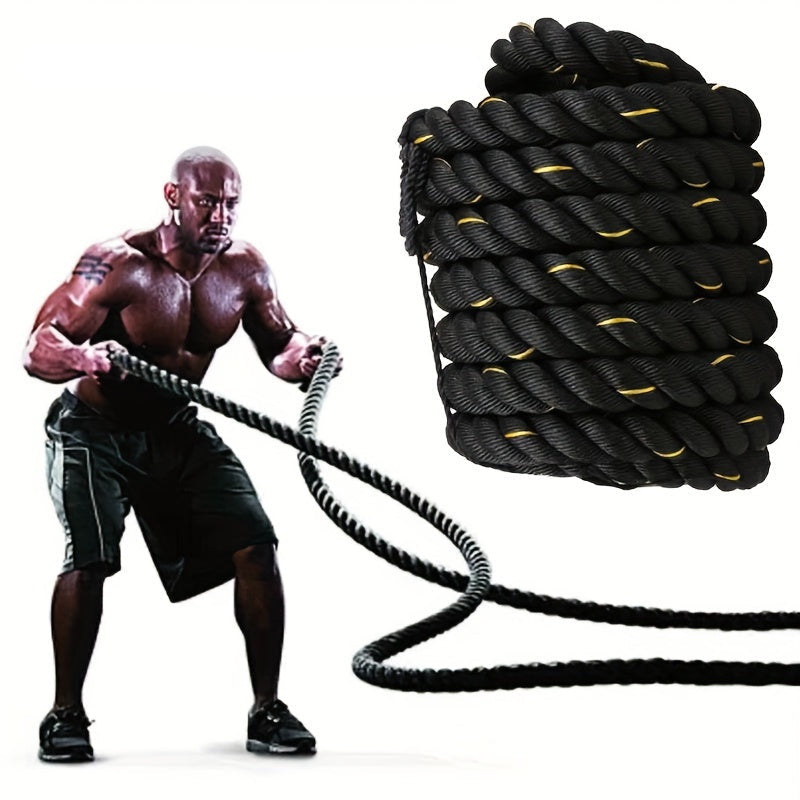 Man holding a exercise battle rope with text on a white background