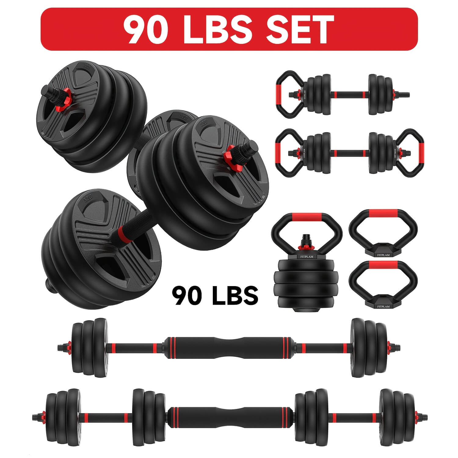 90 lbs adjustable dumbbell set with weight plates on a white background