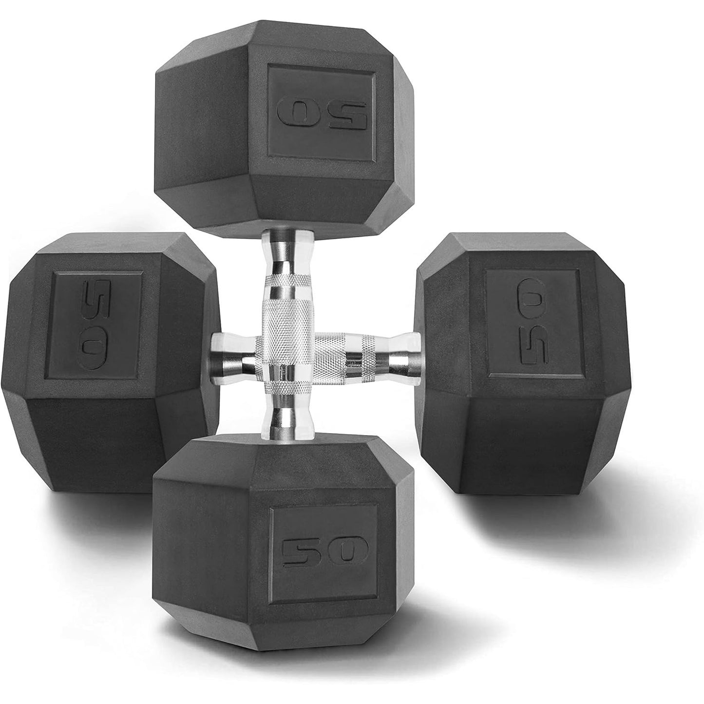 Set of black hexagonal dumbbells with a brand logo on a white background