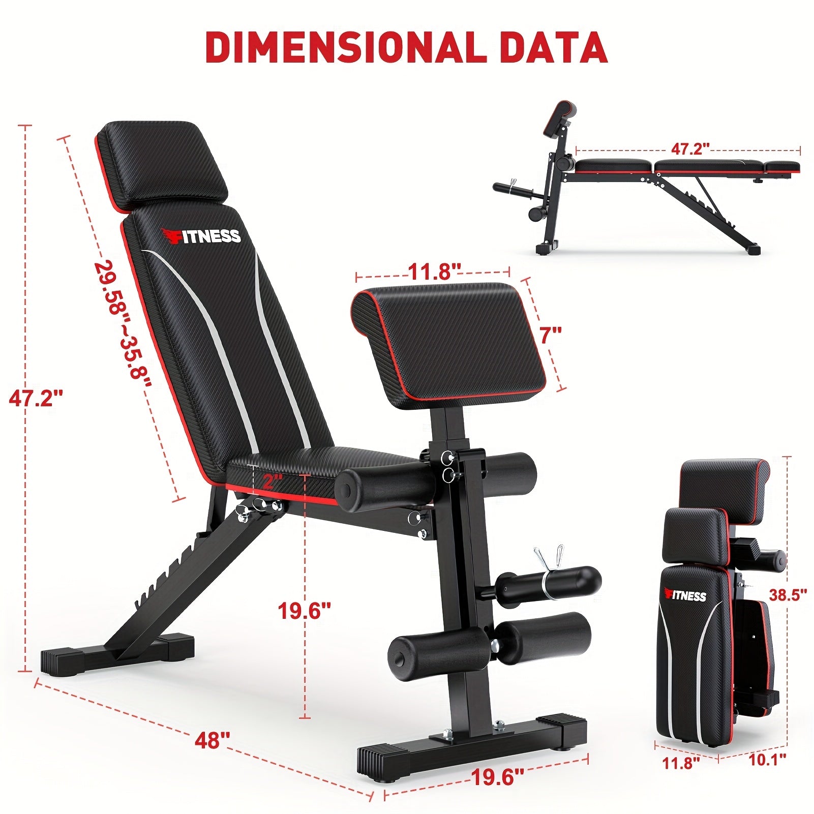 Fitness weight bench with dimensions labeled on a white background