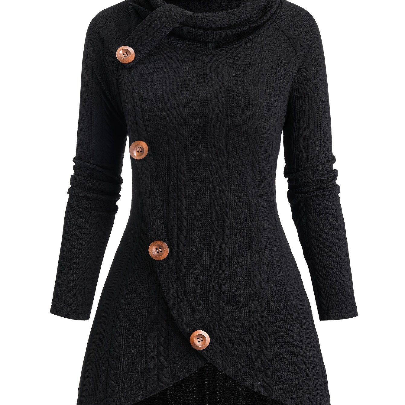 The front view of a black women's cable knit cardigan sold by 100 spartans
