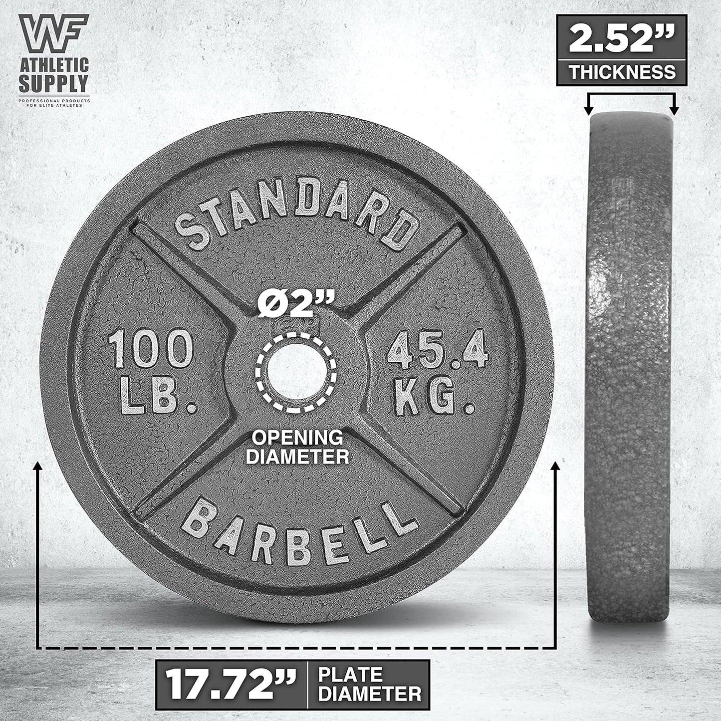 Weight plate with measurements on a gray background