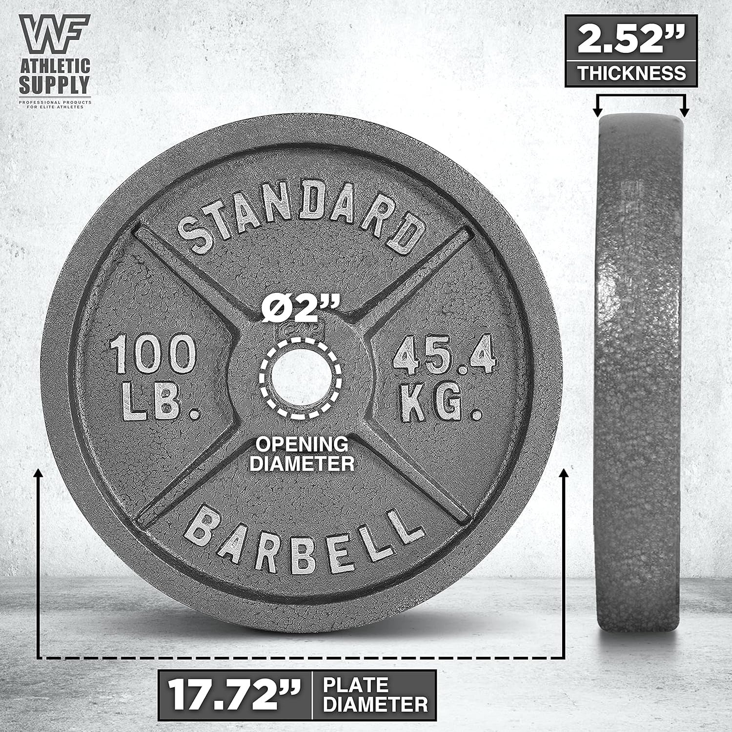 Weight plate with measurements on a gray background