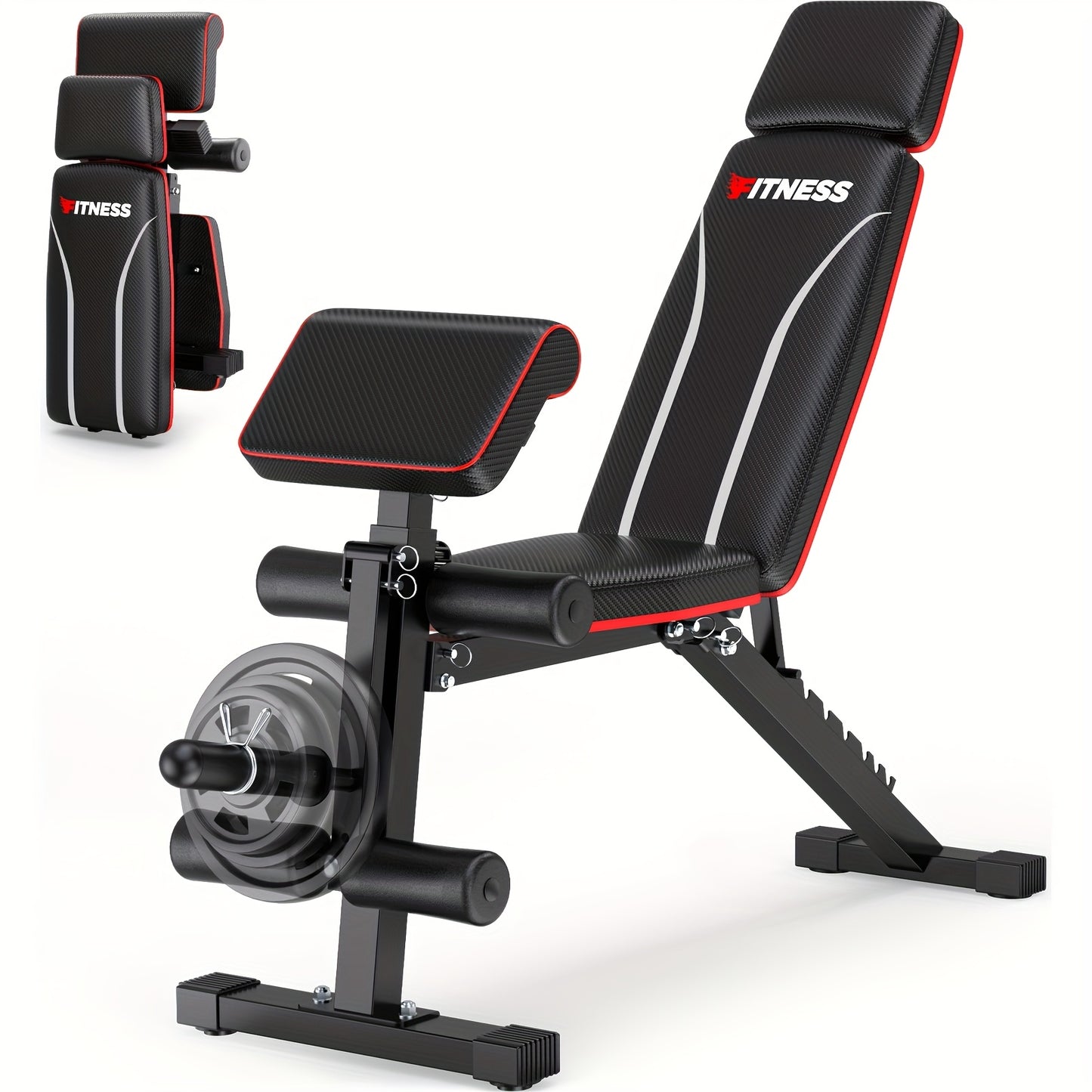 Black and red fitness bench with weight stack on a white background