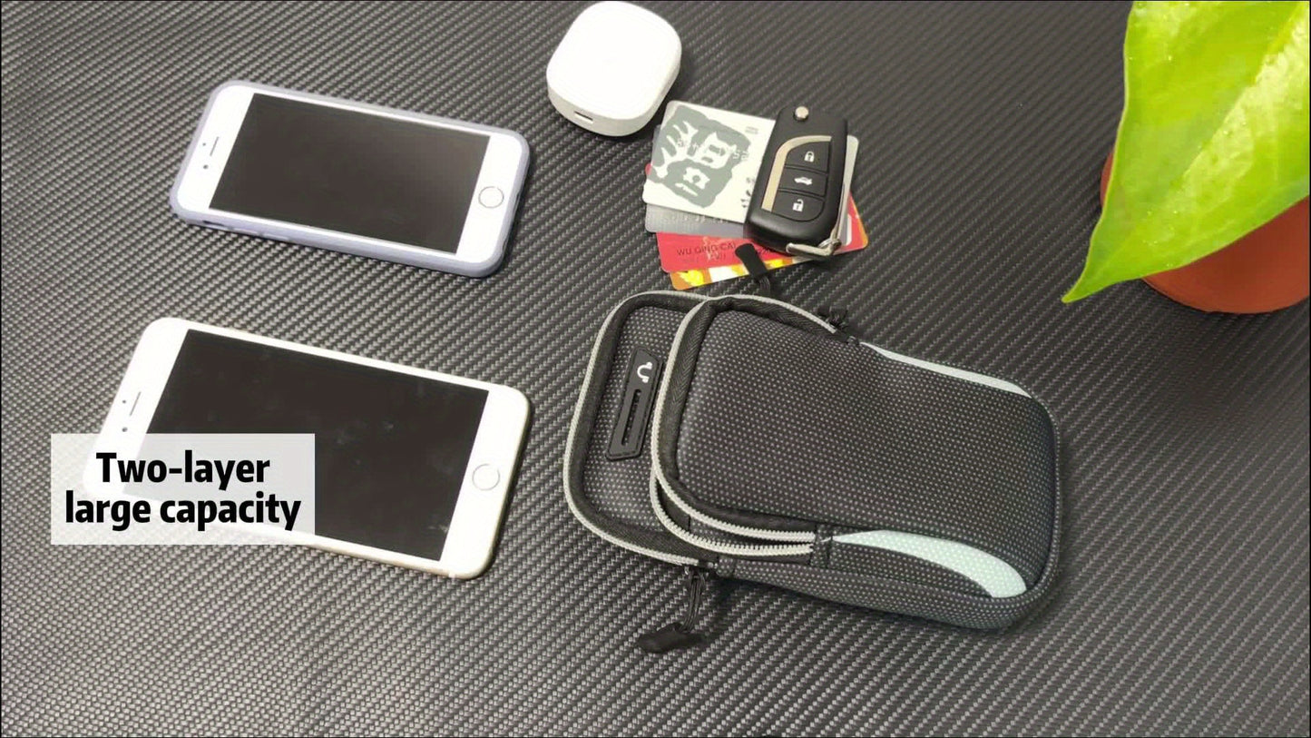 Black two-layered pouch with electronic devices on a textured surface