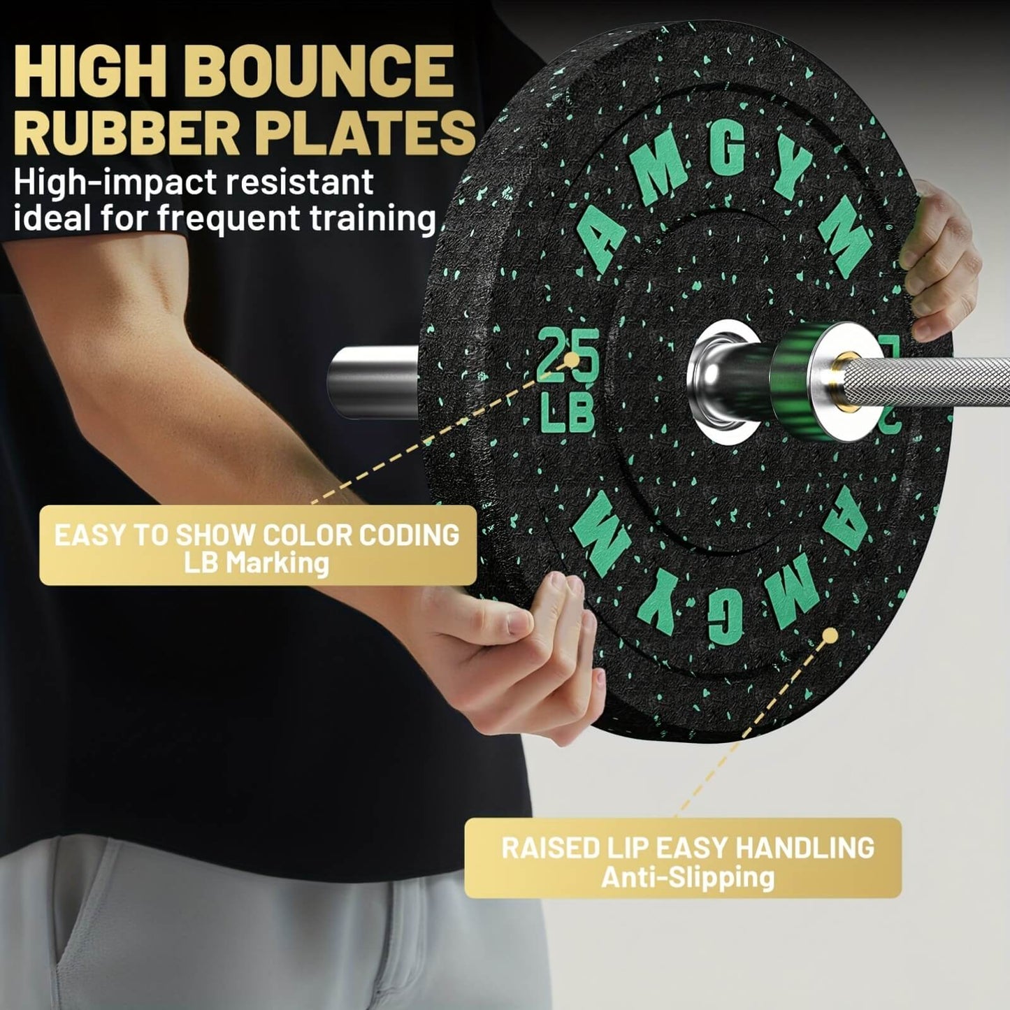 Bumper plates with text highlighting features on a gray background