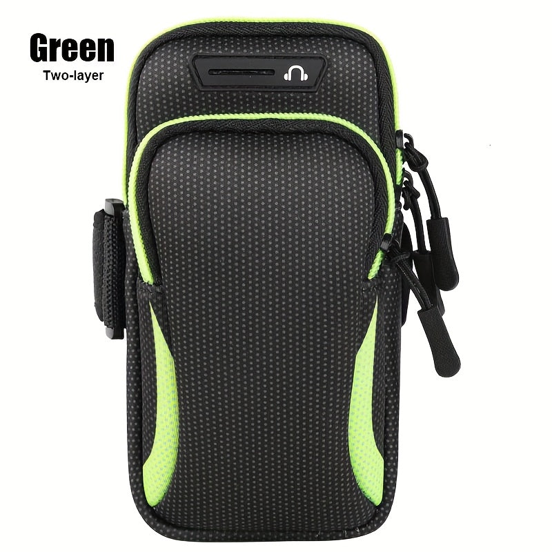 Black and green two-layered arm phone holder for running​ on a white background