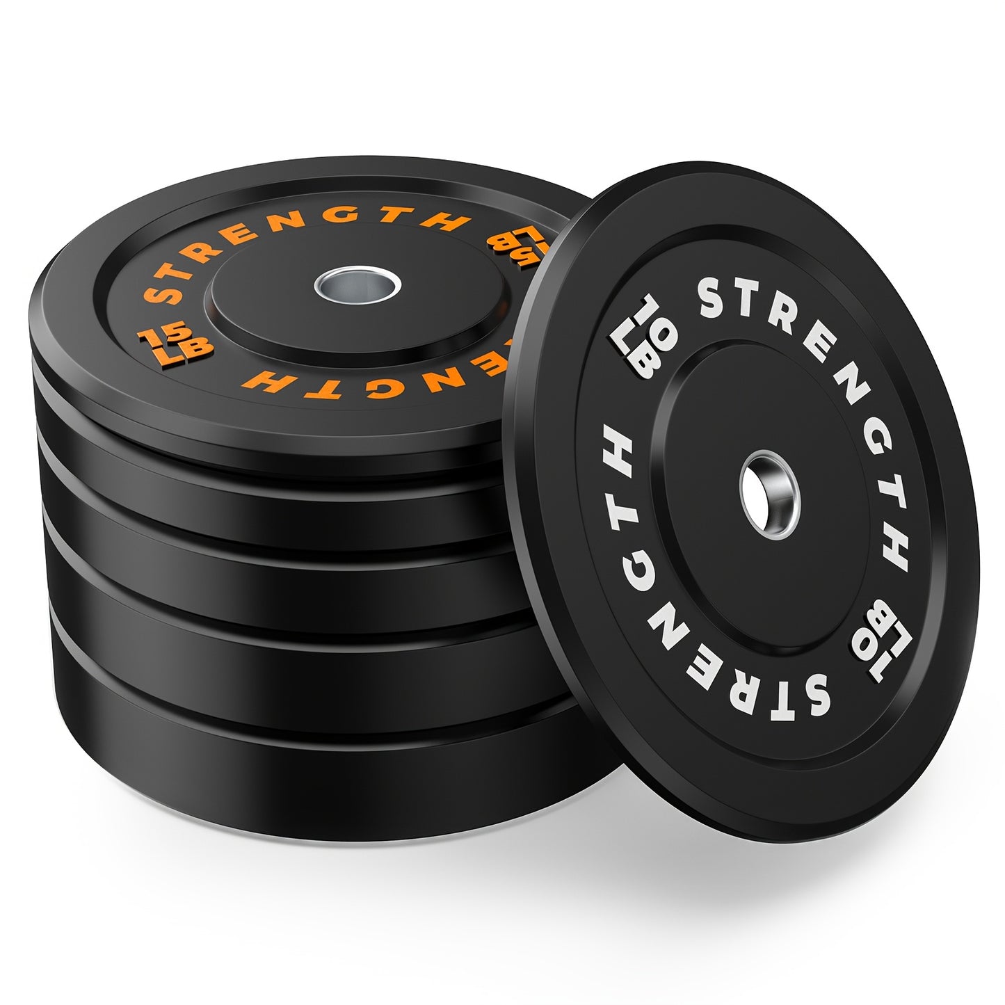 Stack of black weight plates with 'Strength' branding on a white background