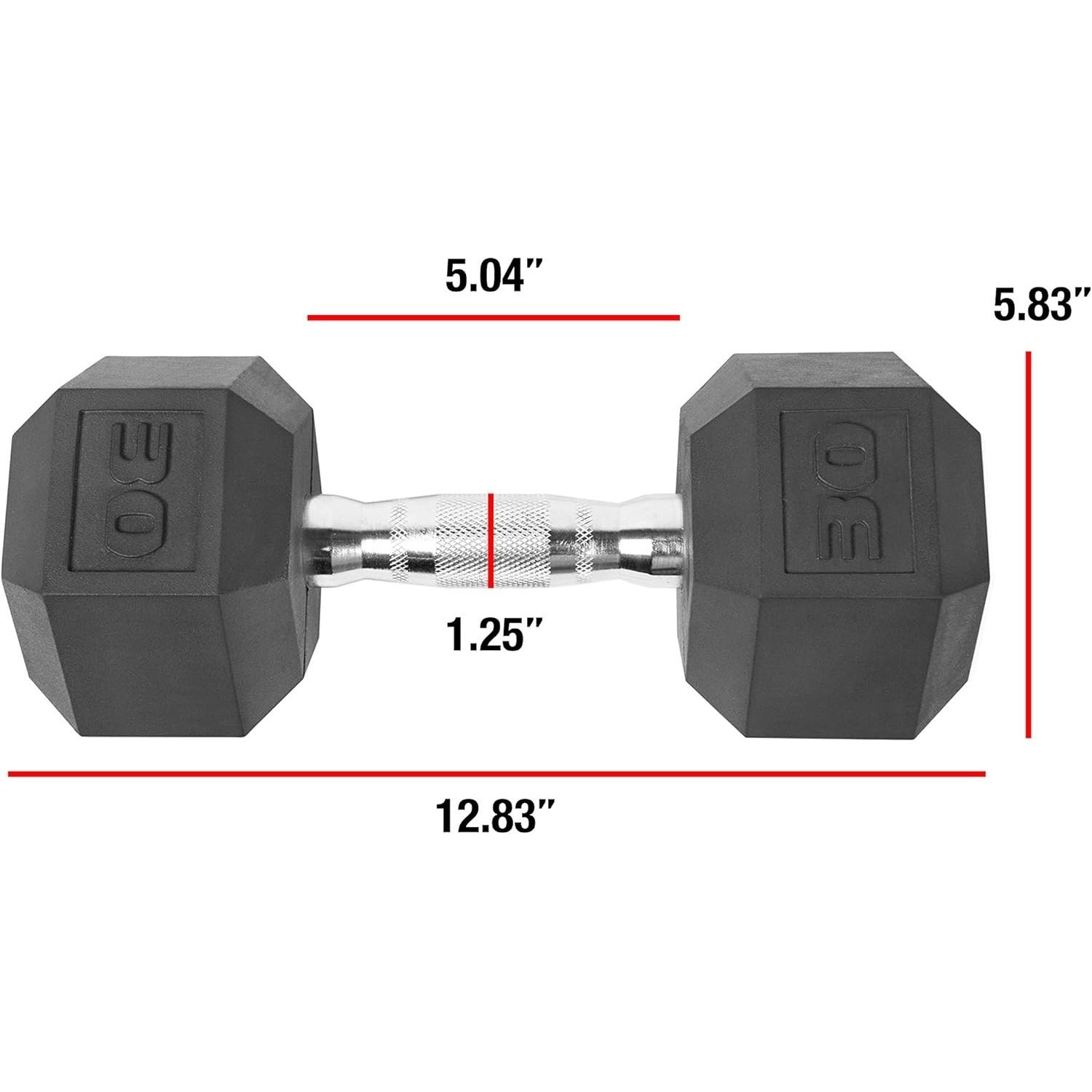 Hexagonal dumbbell with measurements on a white background