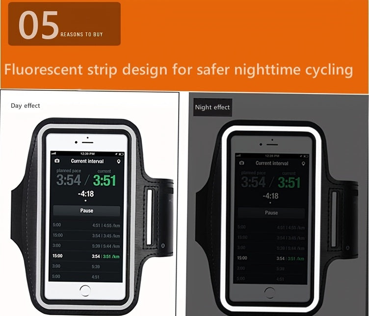 Black phone holder for running with digital display showing time and intervals, comparing day and night effects.