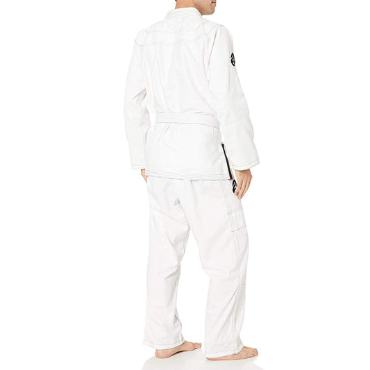 Person wearing a white BJJ Gi on a white background