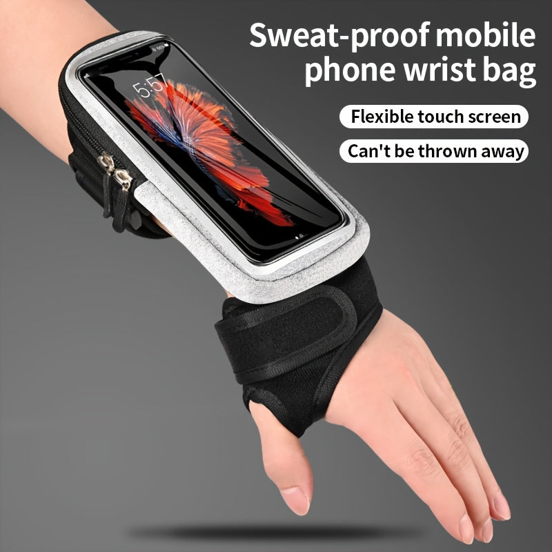 Sweat-proof phone holder for running with flexible touch screen on a gray background