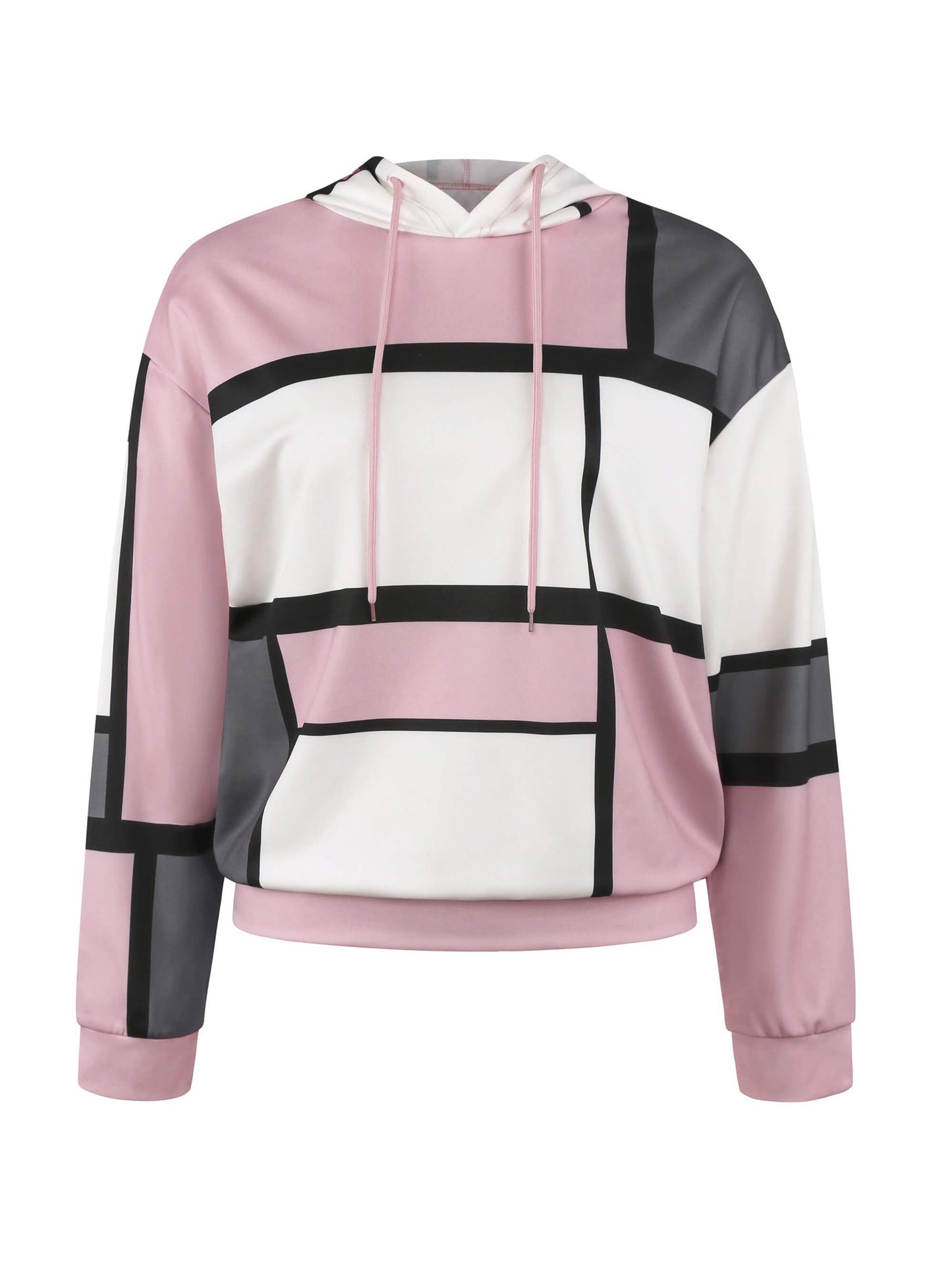 Color-blocked hoodie with pink, black, and white design on a white background