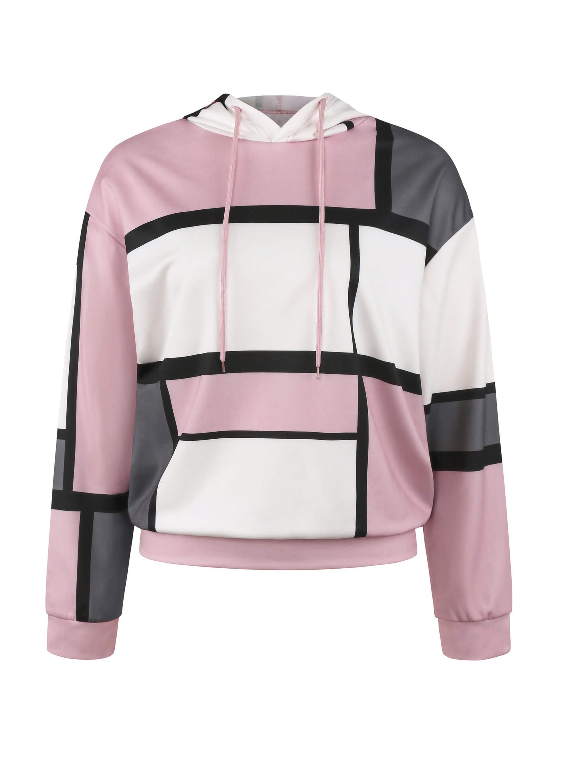Color-blocked hoodie with pink, black, and white design on a white background