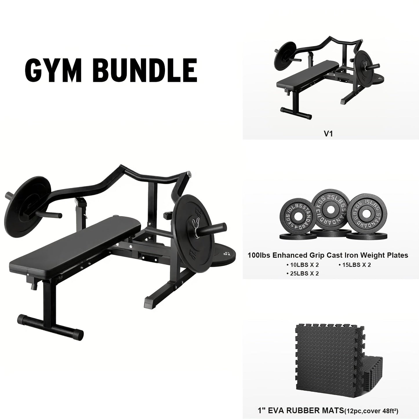 Gym bundle with weight bench, weight plates, and rubber mats on a white background