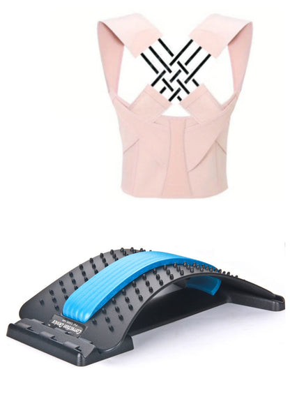 Back support device with blue cushion and black base on a white background