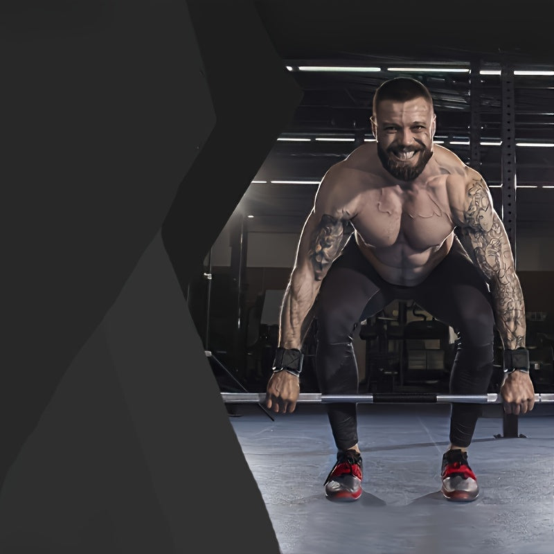 Muscular man lifting weights with a weight lifting hooks in a gym setting