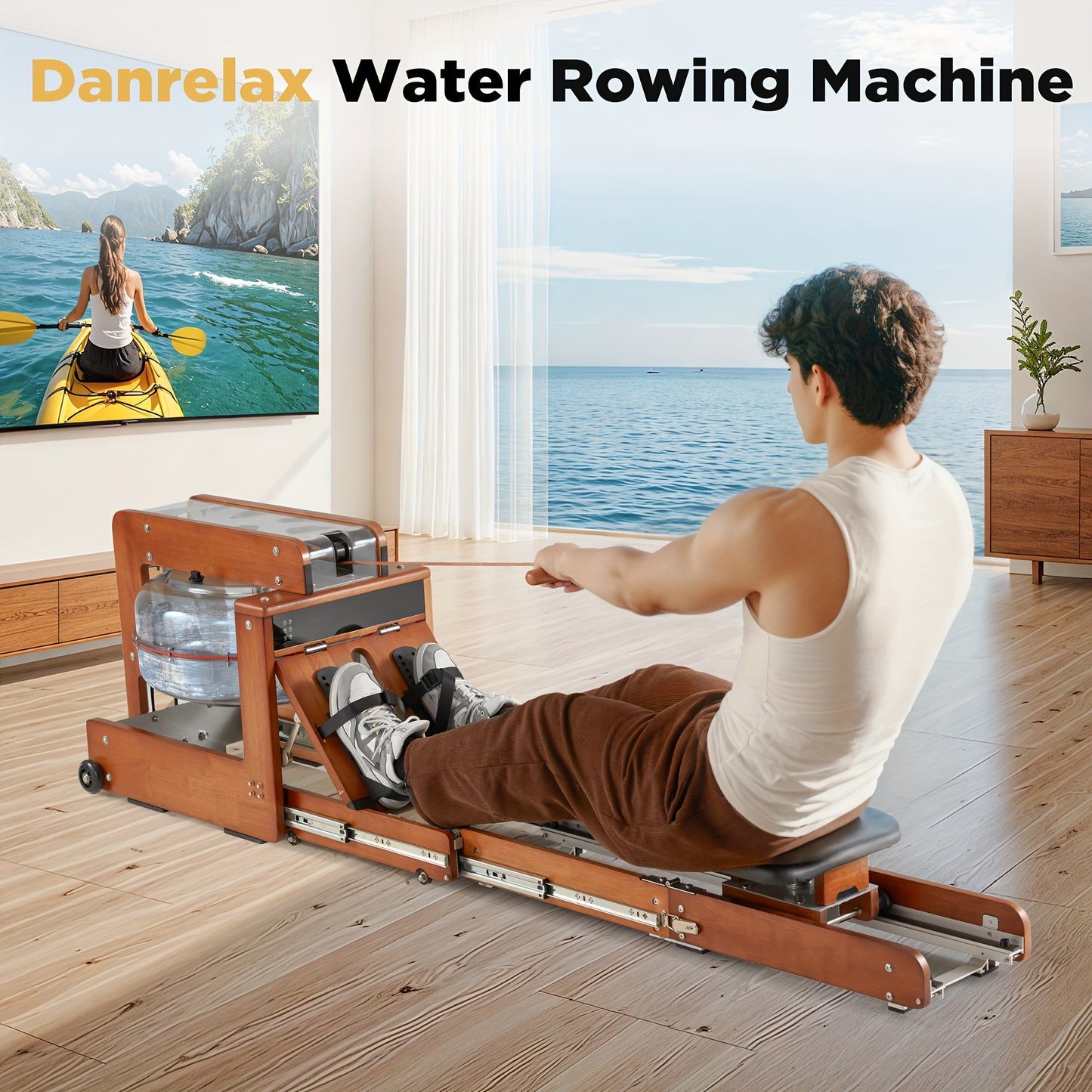 Man using a foldable rowing machine with a scenic view of a woman kayaking on a screen.