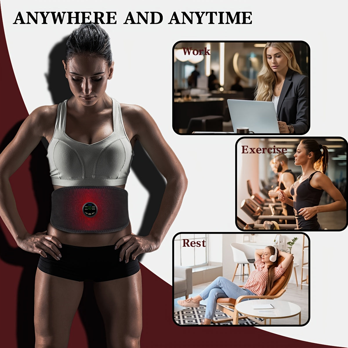 Woman wearing a belly fat burner belt with lifestyle images of work, exercise, and rest.