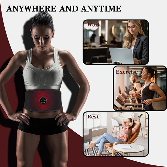 Woman wearing a belly fat burner belt with lifestyle images of work, exercise, and rest.