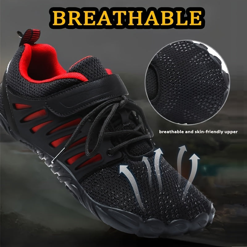 Black and red barefoot hiking shoes sold by 100 Spartans