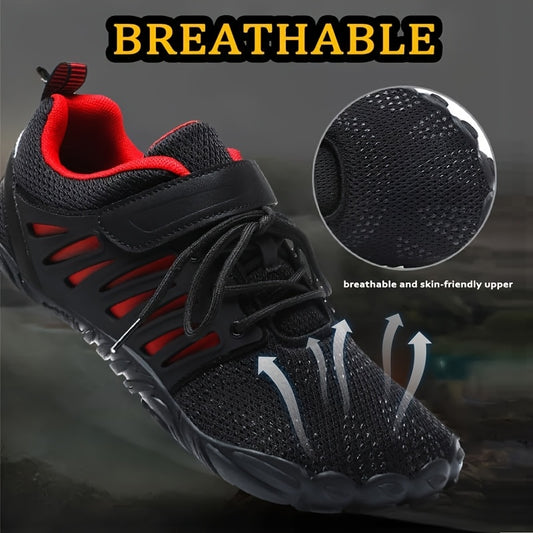 Black and red barefoot hiking shoes sold by 100 Spartans