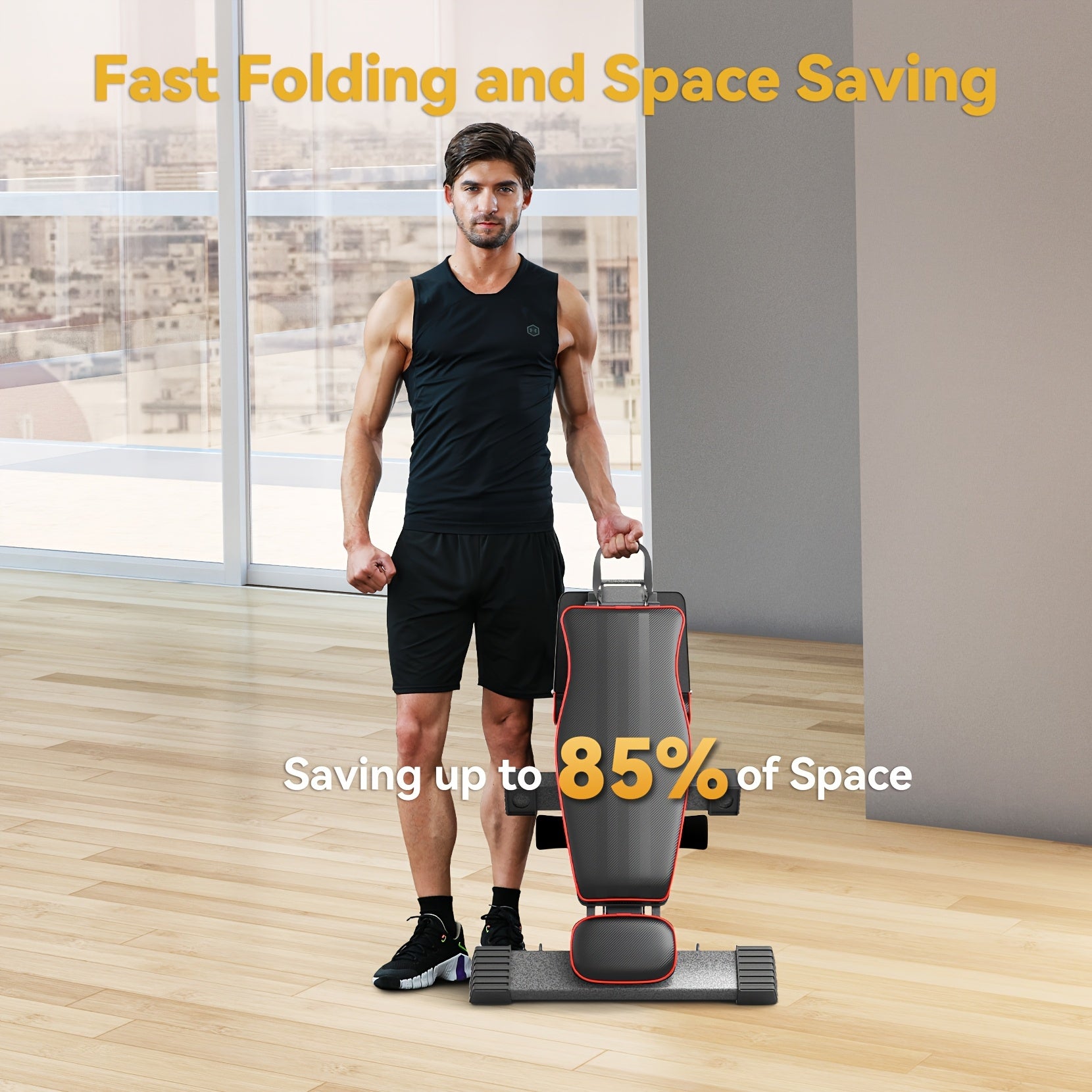 Man holding a space-saving weight adjustable bench in a room with large windows.