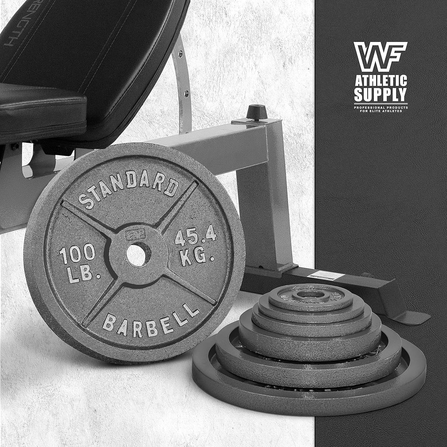 Weight plates on a weight bench.