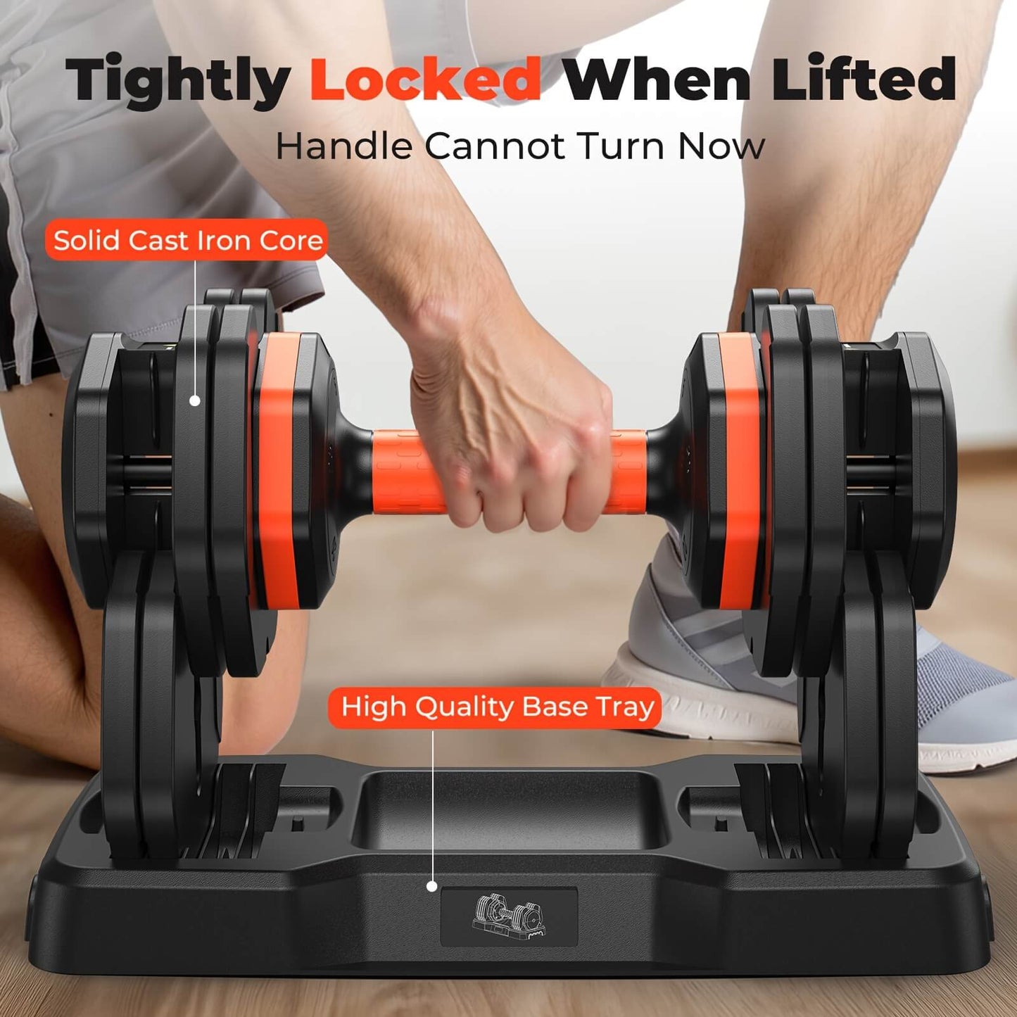 Person lifting a black and orange adjustable dumbbell with text highlighting features on a wooden floor.