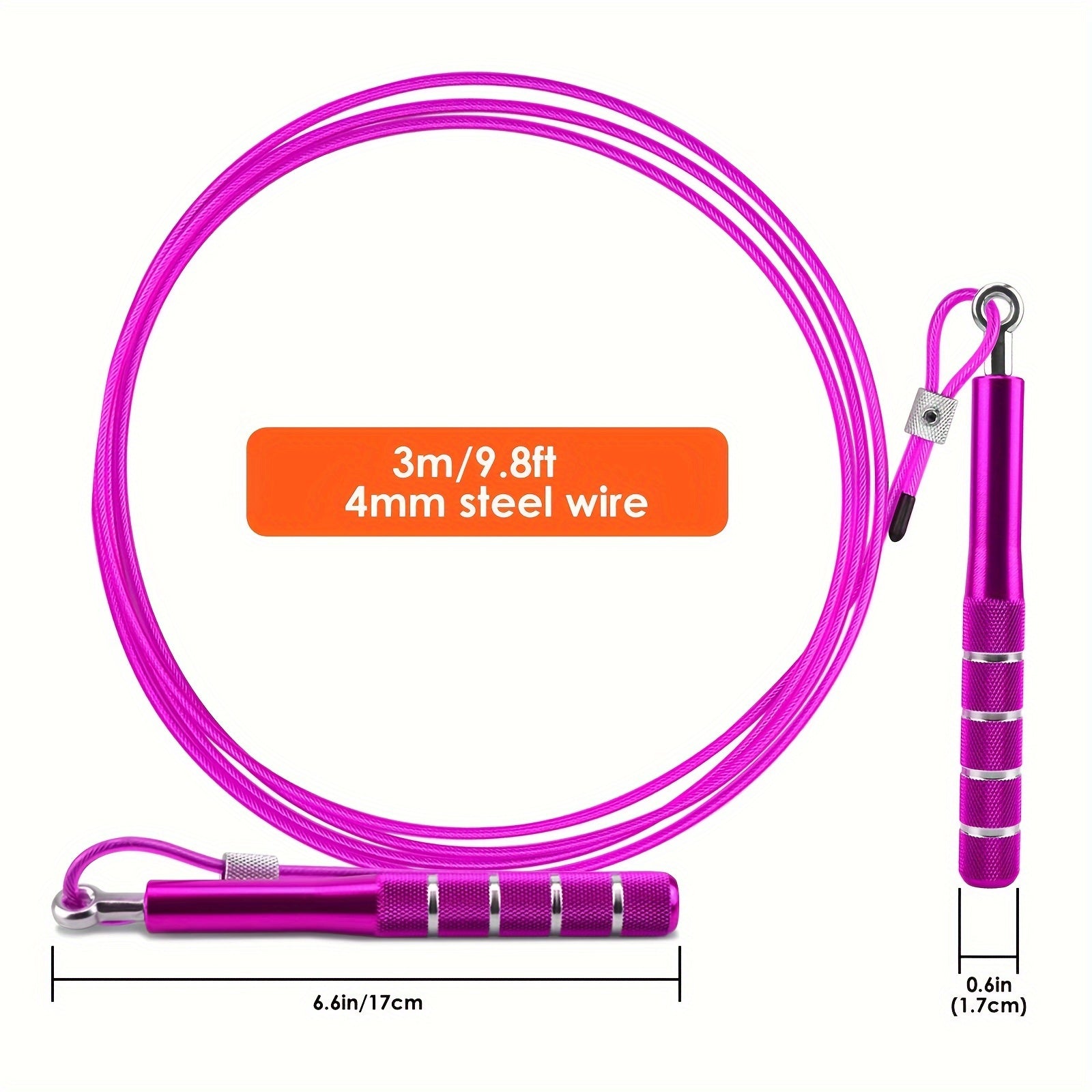 Pink adjustable skipping rope with measurement details on a white background