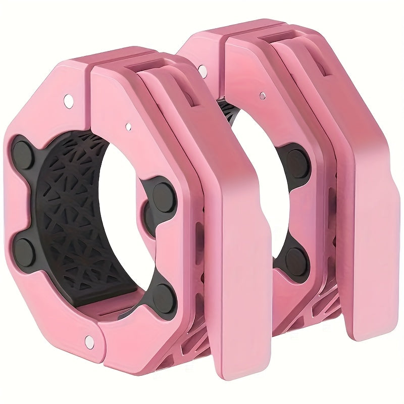 Two pink barbell collars stands with black centers on a white background