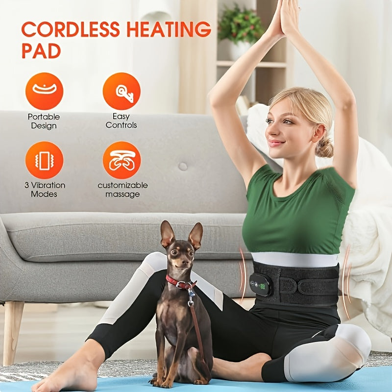 Woman using a muscle stimulator machine with a dog on a yoga mat, featuring product benefits.