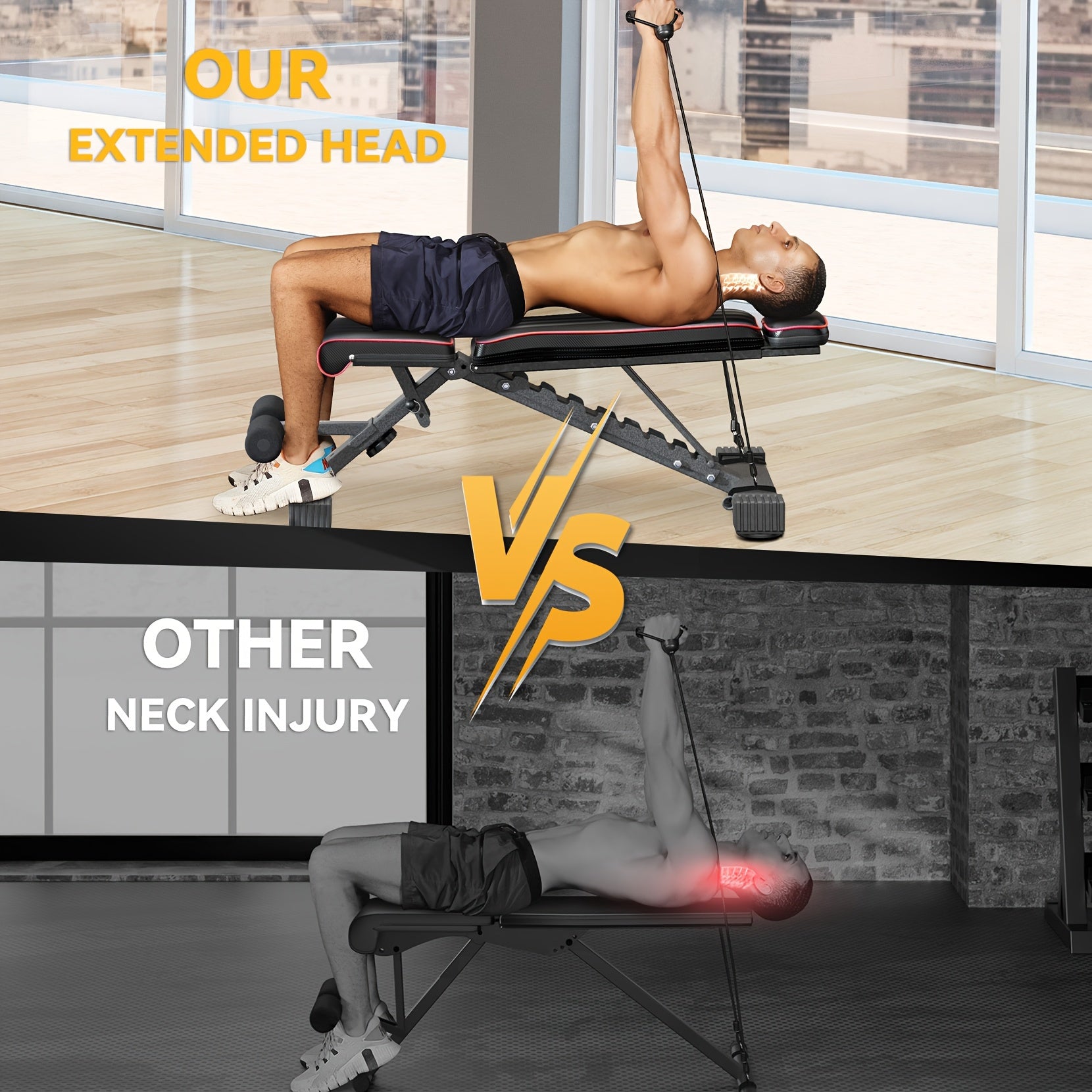 Person using a neck injury prevention weight adjustable bench