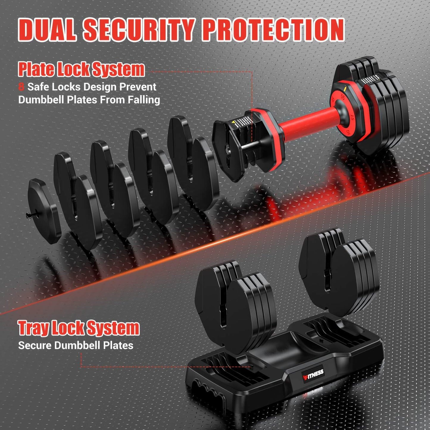 Heavy adjustable dumbbell set with lock systems on a dark background