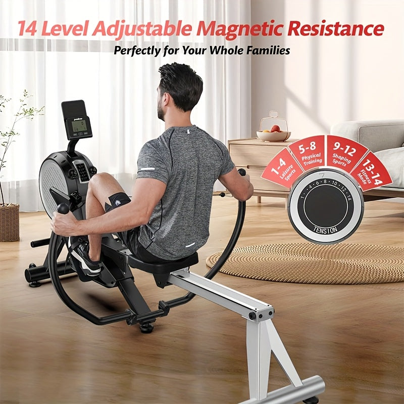 Person using a magnetic rowing machine with adjustable magnetic resistance in a home setting