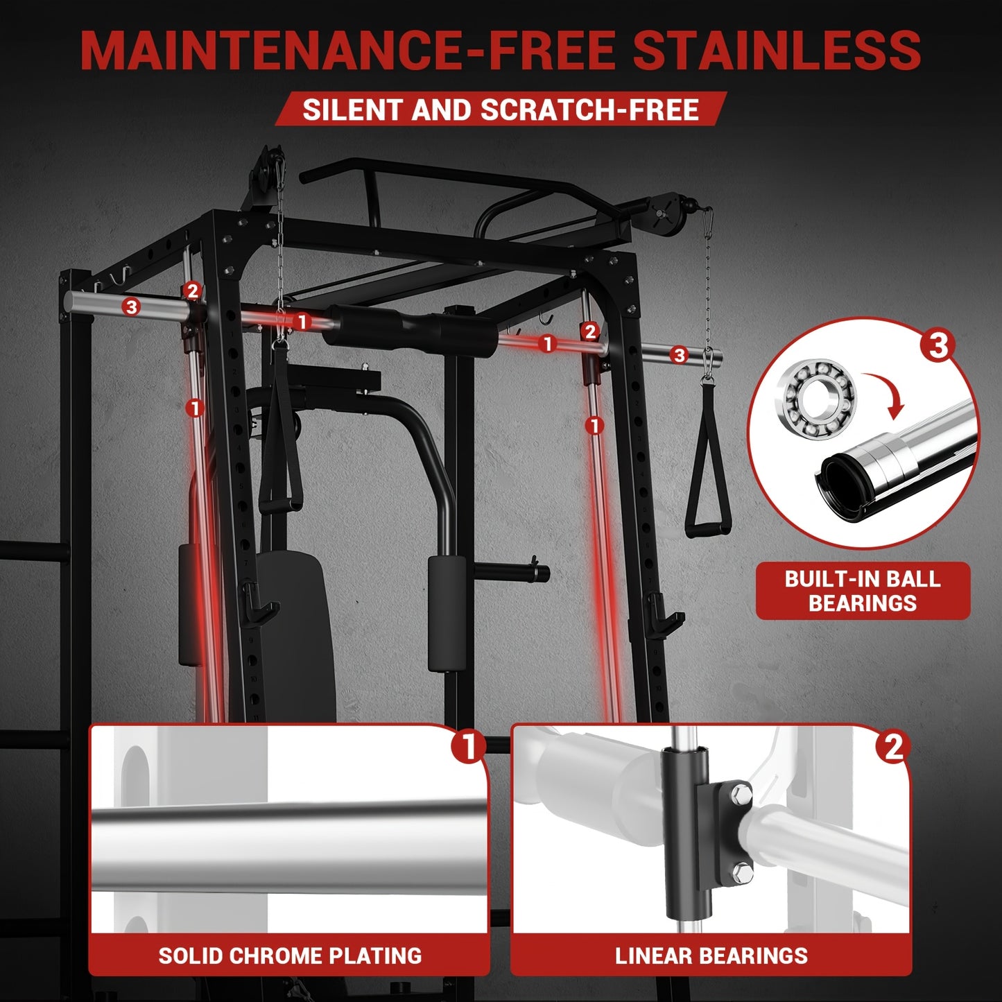 Smith machine with features highlighted on a dark background