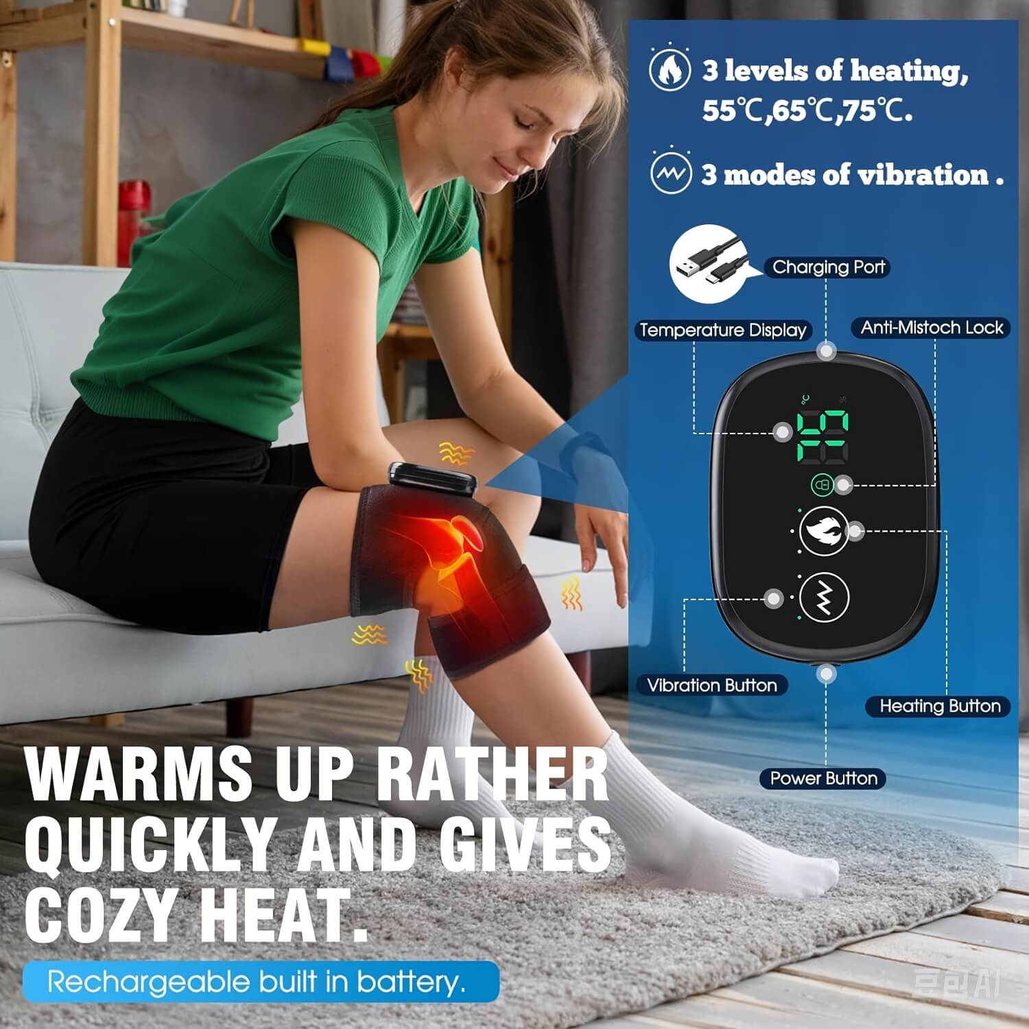 Woman using a muscle stimulator machine with product features and benefits displayed.