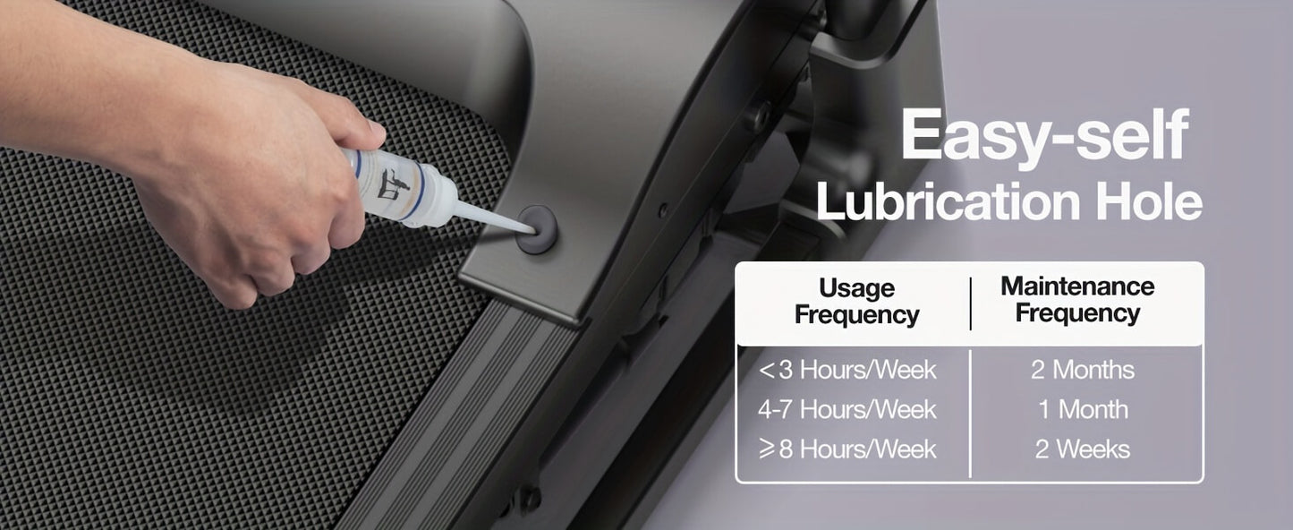 Hand using a lubricant applicator on a Umay treadmill with text about easy-self lubrication hole.