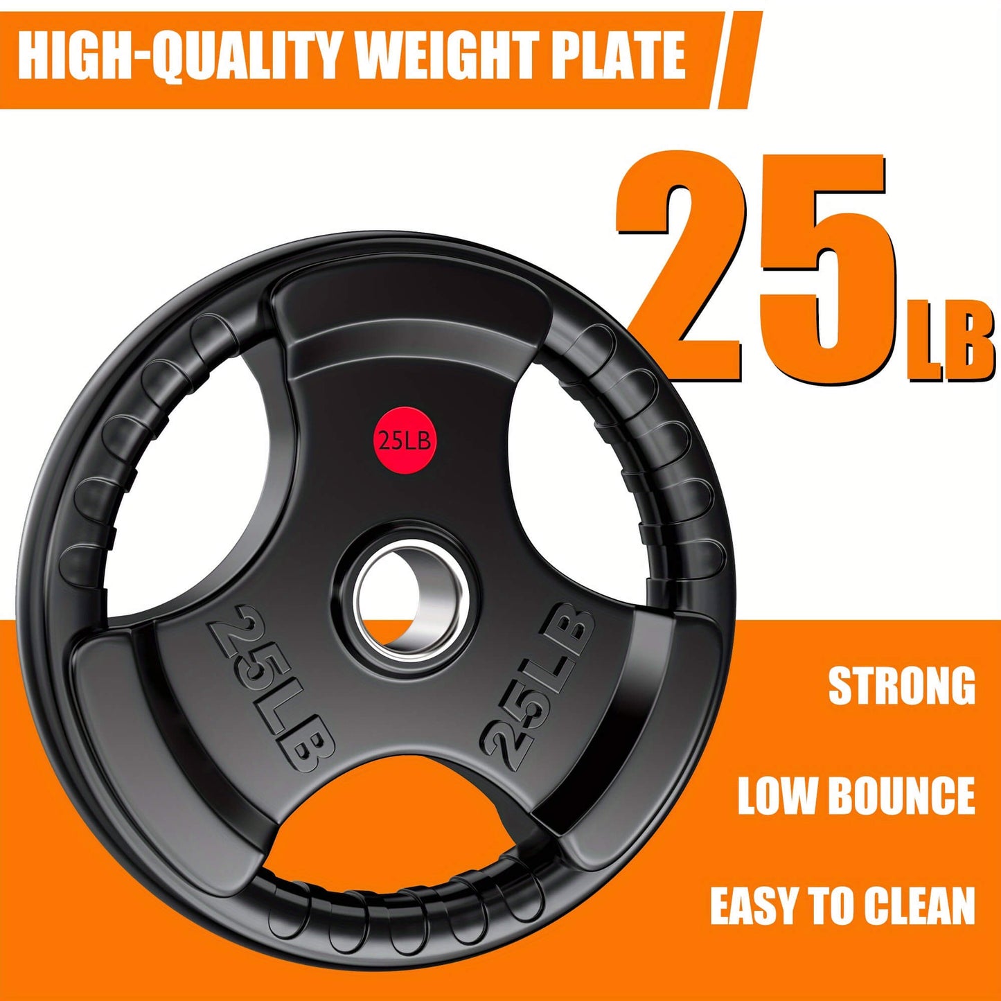 25-pound weight plate with text highlighting features on an orange and white background