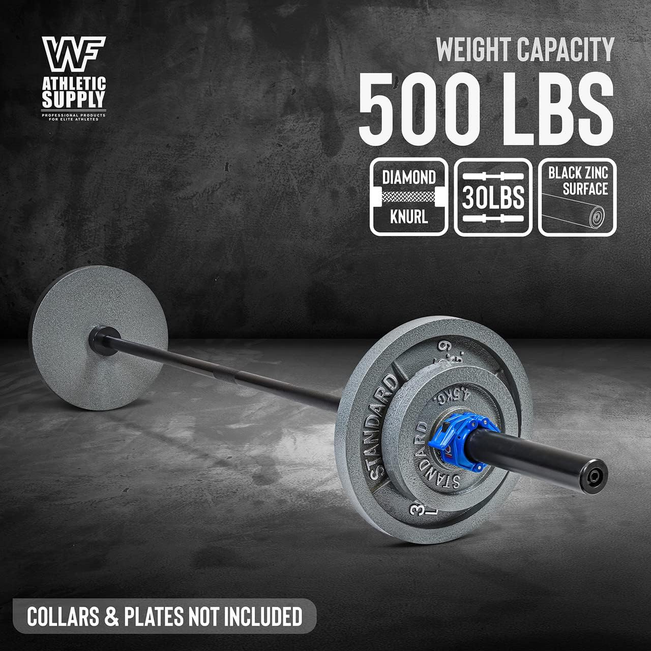 Barbell bar with weight plates on a dark background, featuring Athletic Supply branding.