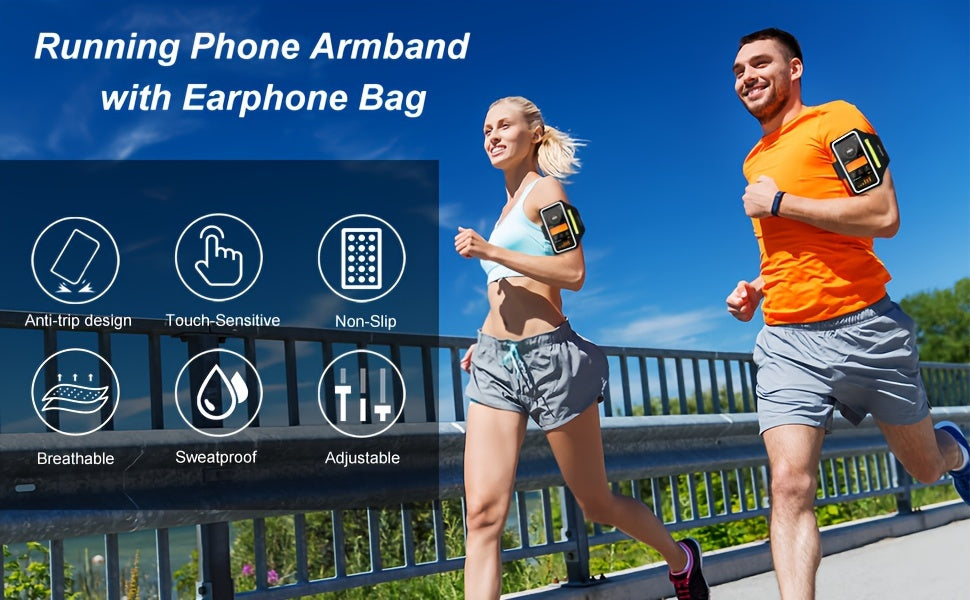 Two people running outdoors with a phone holder for running​ and earphone bag displayed.
