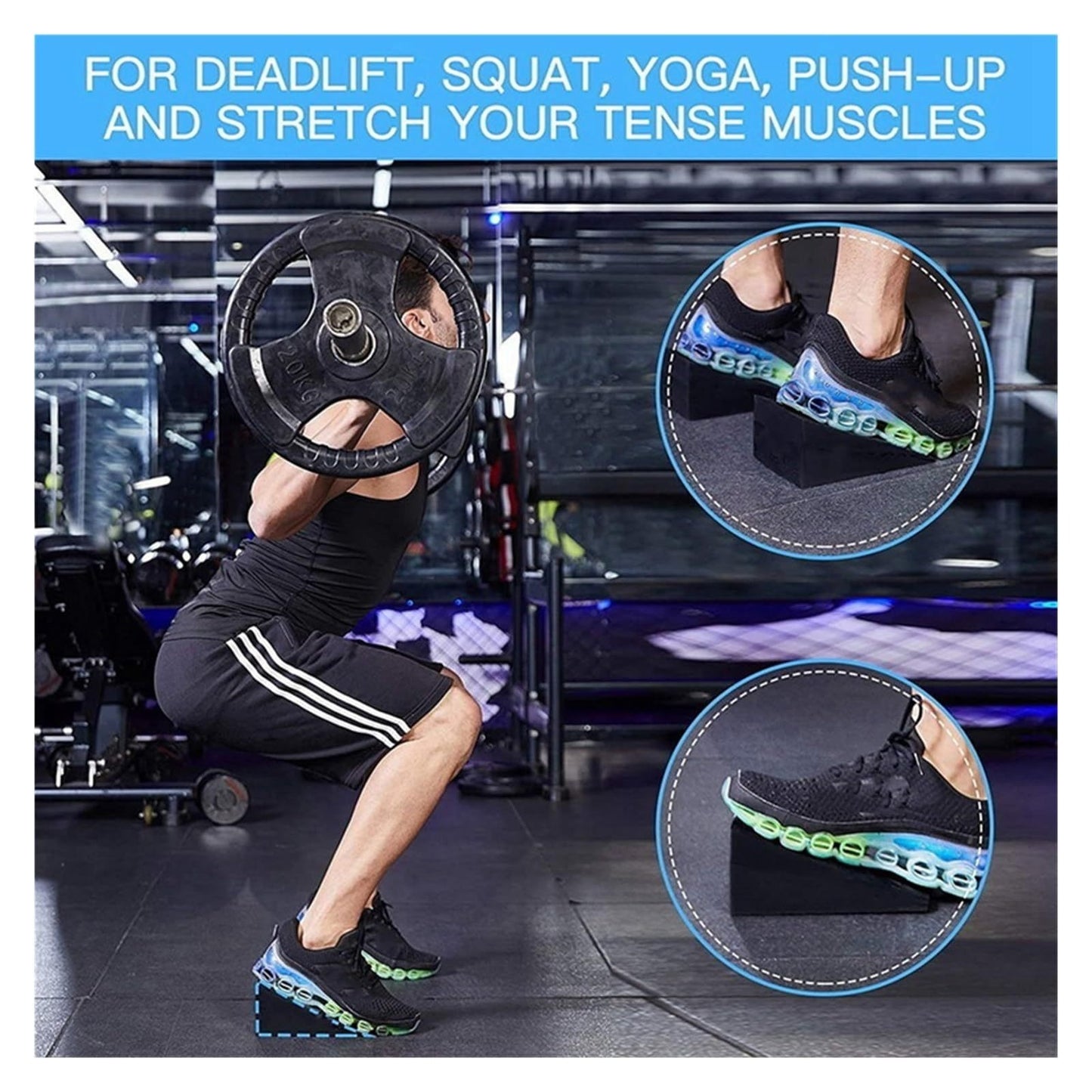 Person lifting weights with shoes, while standing on a squat wedge