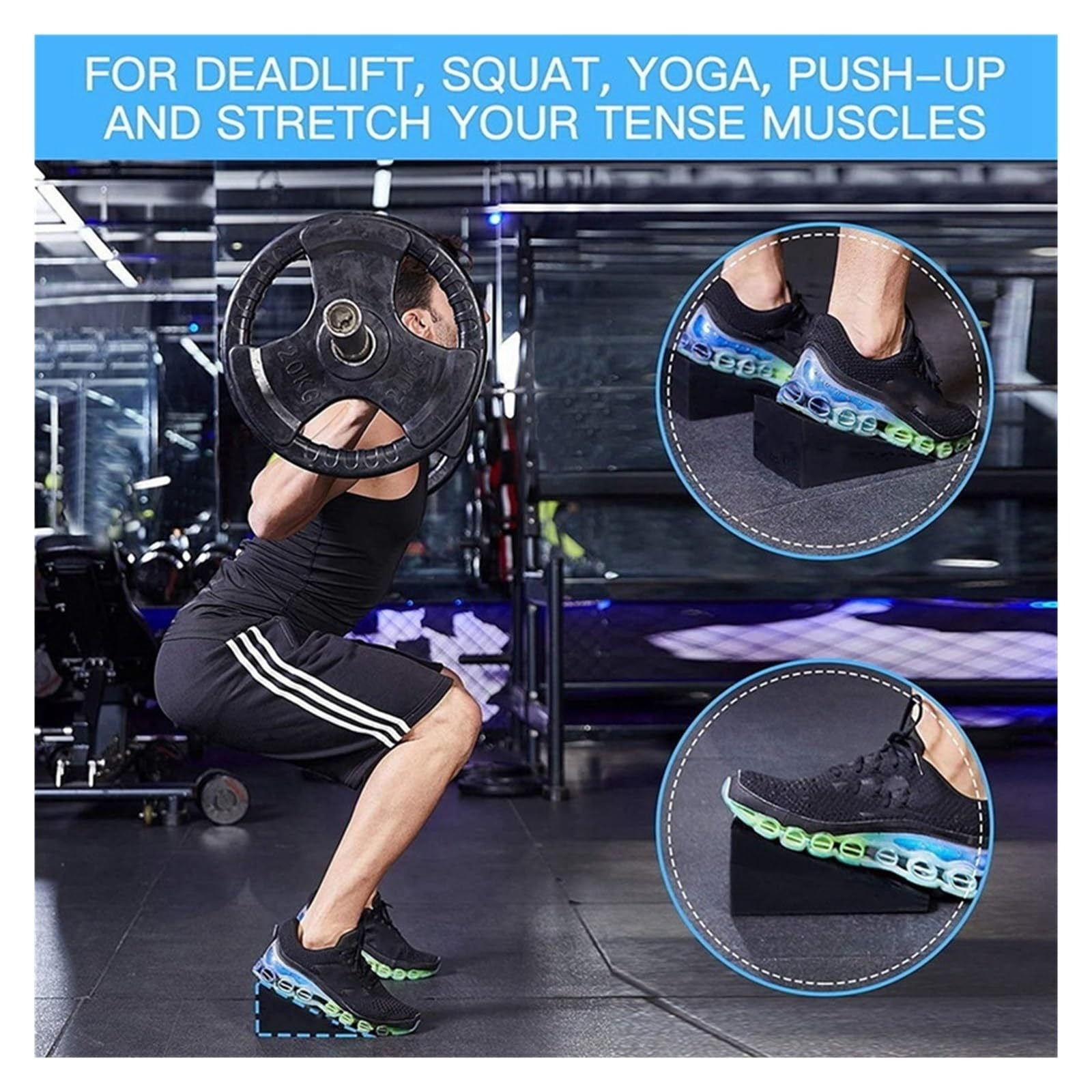 Person lifting weights with shoes, while standing on a squat wedge