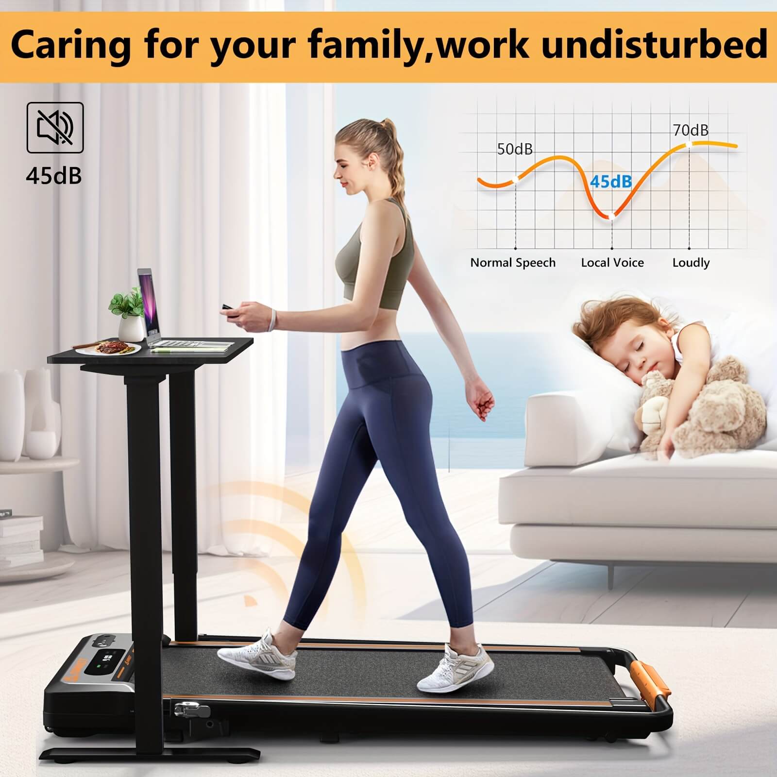 A lady walking on an Airhot 2-in-1 under desk treadmill sold by 100 Spartans