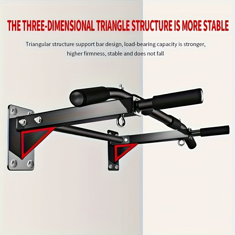 Wall mounted pull-up bar with triangular support structure on a light gray background