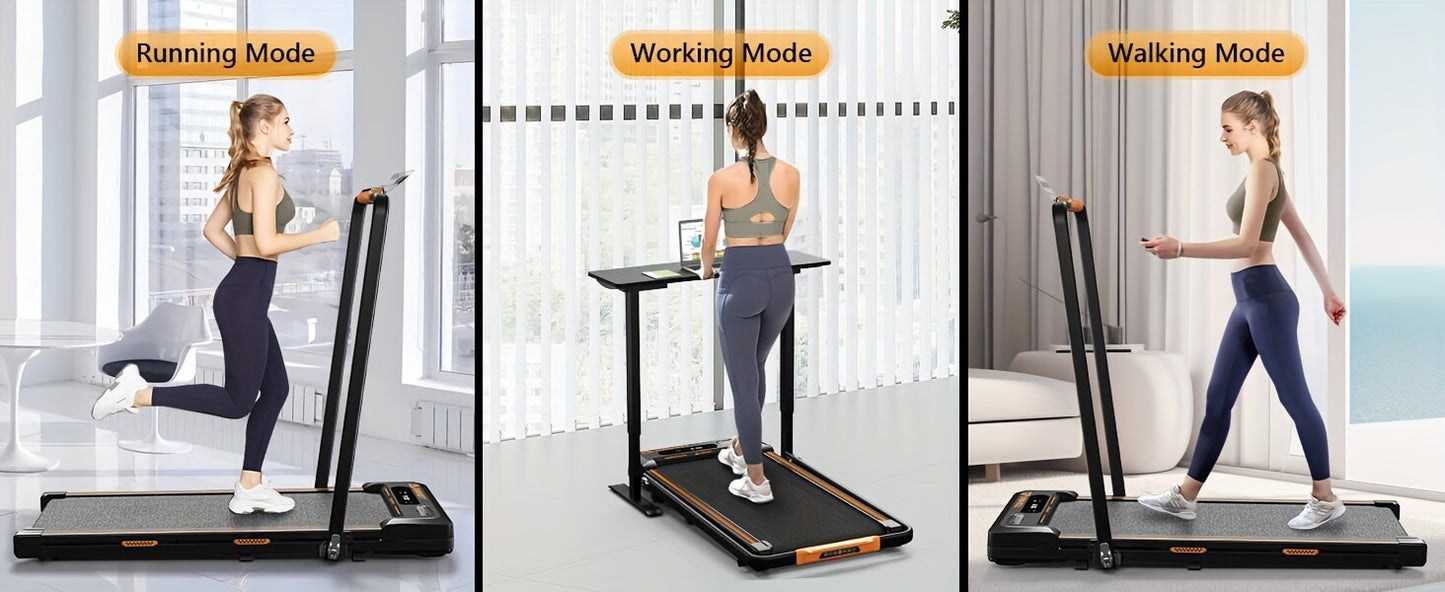 Three different modes of a Airhot 2-in-1 under desk treadmill with a person using it.