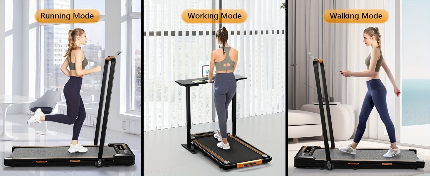 Three different modes of a Airhot 2-in-1 under desk treadmill with a person using it.