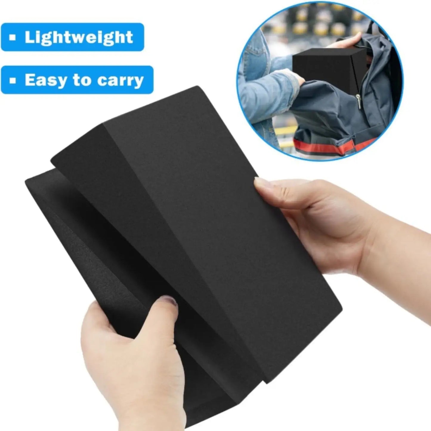 Black Squat wedge held by hands with text 'Lightweight' and 'Easy to carry' on a white background.