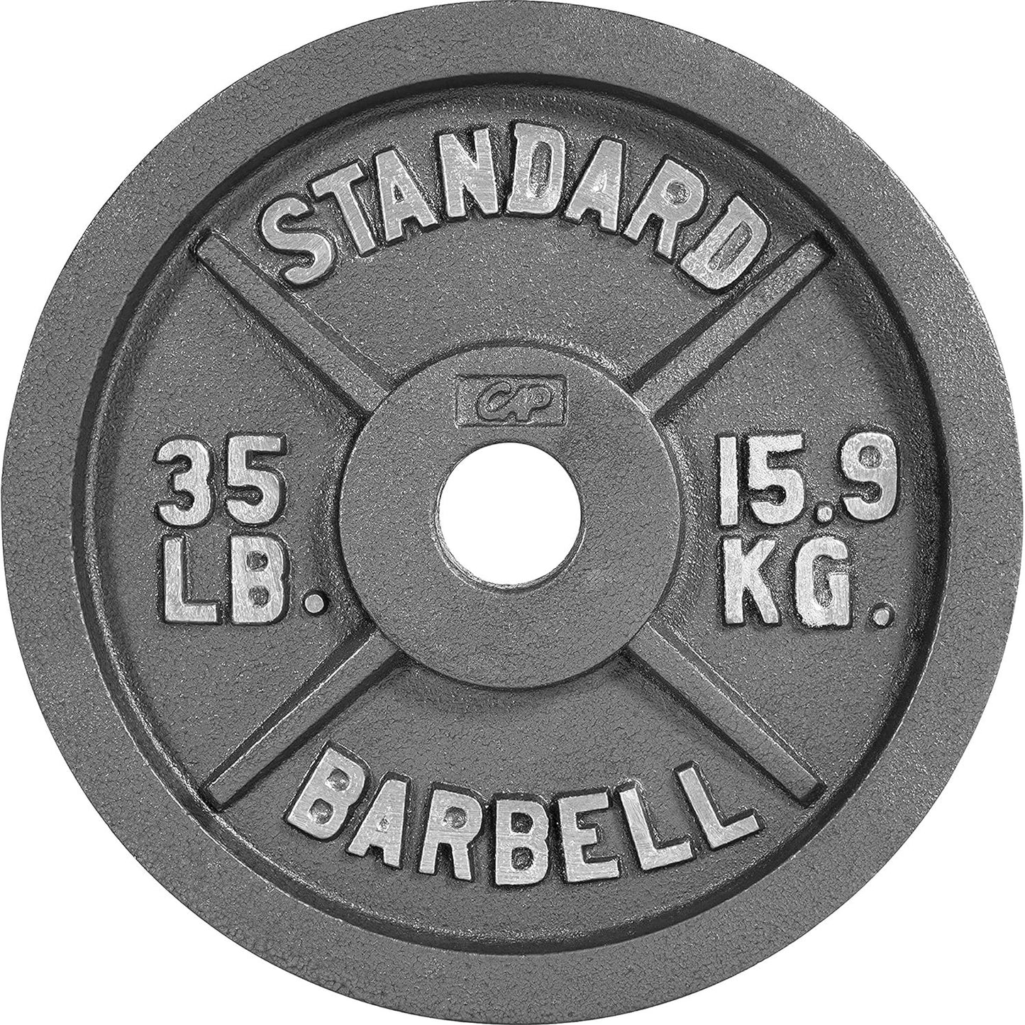 Gray weight plate with 'Standard Barbell' marking and measurements.